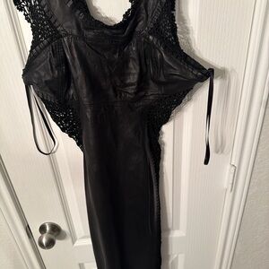 Y2K Black Faux Leather Crochet Lace Bodycon Dress | Kim K Style